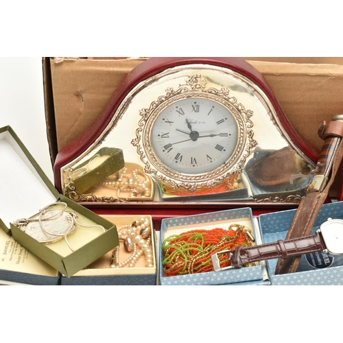 125 - A BOX OF ASSORTED ITEMS, to include an assortment of costume jewellery, a mantle clock, a small dagg... 