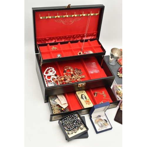 126 - A BOX OF ASSORTED JEWELLERY, to include a white metal disk pendant, stamped silver, a hard stone and... 