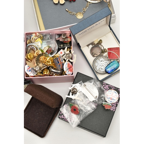 126 - A BOX OF ASSORTED JEWELLERY, to include a white metal disk pendant, stamped silver, a hard stone and... 