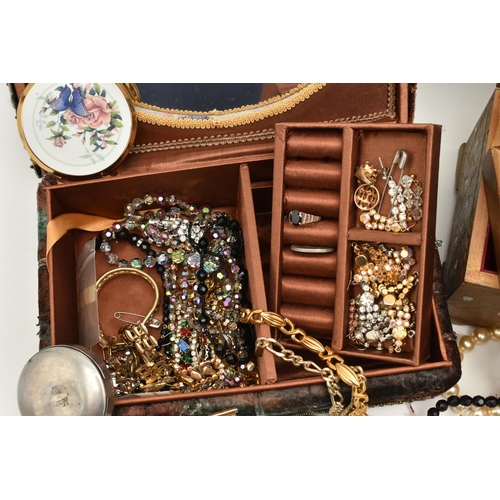 127 - A BOX OF ASSORTED COSTUME JEWELLERY, two jewellery boxes with an assortment of costume jewellery inc... 