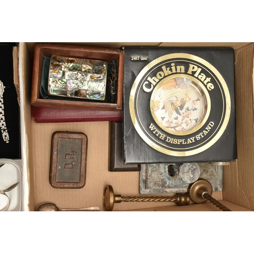 129 - A BOX OF ASSORTED ITEMS, to include a mantle clock, a chokin plate, a pair of candle sticks, tankard... 