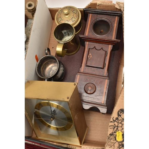 129 - A BOX OF ASSORTED ITEMS, to include a mantle clock, a chokin plate, a pair of candle sticks, tankard... 