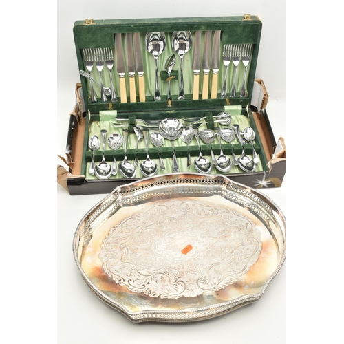 130 - A CANTEEN AND TRAY, a canteen of cutlery and a white metal tray with scrolling acanthus detail, (con... 