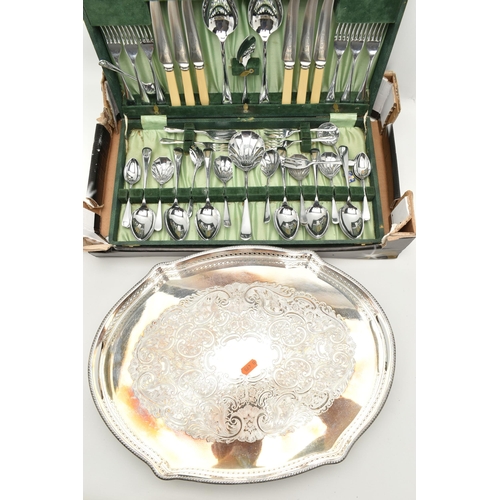 130 - A CANTEEN AND TRAY, a canteen of cutlery and a white metal tray with scrolling acanthus detail, (con... 