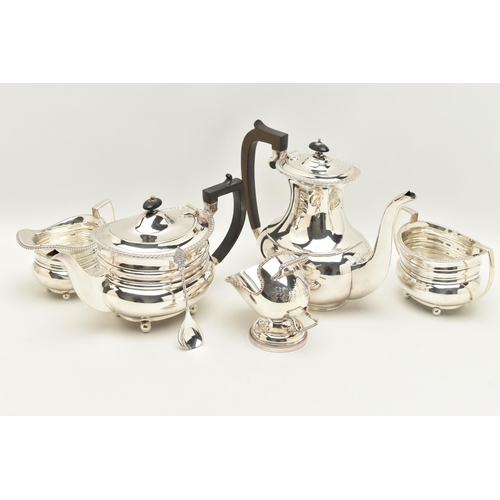 132 - A WHITE METAL TEA SET,  a four piece tea set including a teapot, coffee pot, sugar pot and milk jug,... 