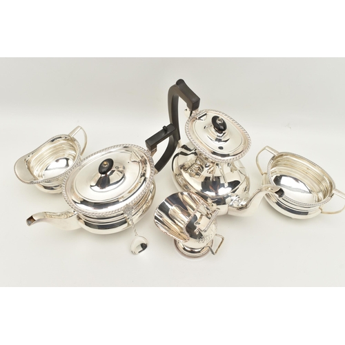 132 - A WHITE METAL TEA SET,  a four piece tea set including a teapot, coffee pot, sugar pot and milk jug,... 