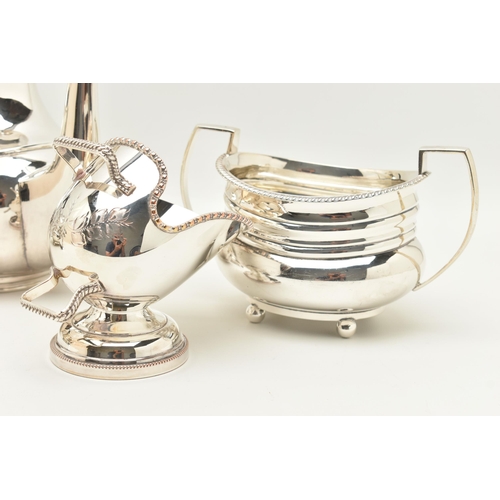 132 - A WHITE METAL TEA SET,  a four piece tea set including a teapot, coffee pot, sugar pot and milk jug,... 