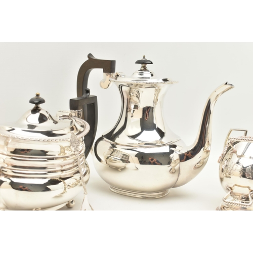 132 - A WHITE METAL TEA SET,  a four piece tea set including a teapot, coffee pot, sugar pot and milk jug,... 