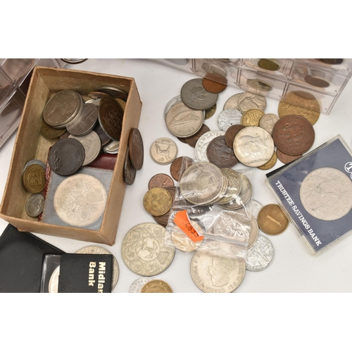 138 - A SMALL CARDBOARD BOX AND AN ALBUM OF WORLD COINS, some Silver content