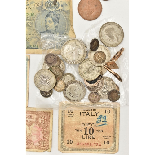 139 - A PLASTIC BOX OF MIXED COINS AND BANKNOTES, to include a small parcel 170 grams of Silver content it... 