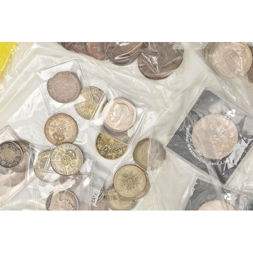 140 - A CARDBOARD BOX OF MAINLY UK COINS WITH SOME WORLD COINS, to include a Charles II 1682 3d coin, over... 