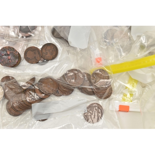 140 - A CARDBOARD BOX OF MAINLY UK COINS WITH SOME WORLD COINS, to include a Charles II 1682 3d coin, over... 