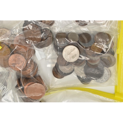 140 - A CARDBOARD BOX OF MAINLY UK COINS WITH SOME WORLD COINS, to include a Charles II 1682 3d coin, over... 