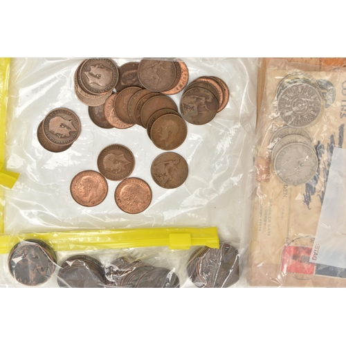 140 - A CARDBOARD BOX OF MAINLY UK COINS WITH SOME WORLD COINS, to include a Charles II 1682 3d coin, over... 