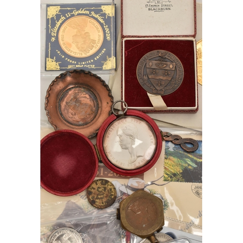 141 - A CARDBOARD BOX  OF COINS AND MEDAL, to include a Victoria Golden Jubilee 1887 Burton on Trent Frien... 