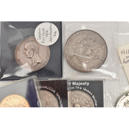 142 - A BOX OF COINS WITH SILVER AND WHITE METAL MEDALS, to include 3x Vaughton 32mm Medals for Victoria 1... 