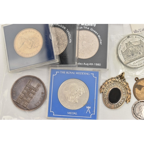 142 - A BOX OF COINS WITH SILVER AND WHITE METAL MEDALS, to include 3x Vaughton 32mm Medals for Victoria 1... 