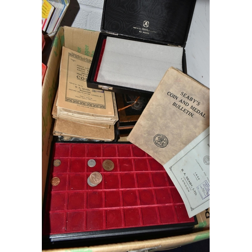 177 - FOUR BOXES CONTAINING COINS, COIN BOOKS AND COIN CASES, to include 4 large bags of World coins, book... 