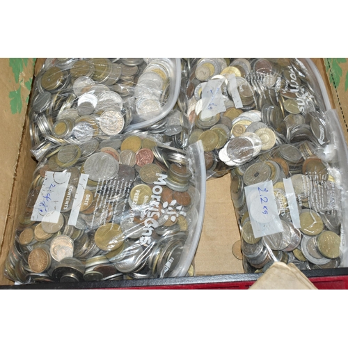 177 - FOUR BOXES CONTAINING COINS, COIN BOOKS AND COIN CASES, to include 4 large bags of World coins, book... 