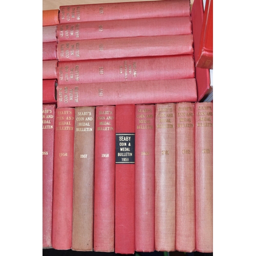 178 - A CARDBOARD BOX CONTAINING 34 SEABY COIN & MEDAL HARDBACK BULLETINS 1949 to 1982, all with interesti... 