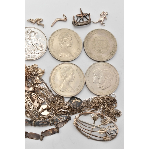 91 - A BAG OF ASSORTED SILVER AND WHITE METAL, to include a silver bangle, two silver brooches a silver c... 