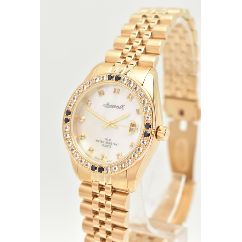 92 - A BOXED QUARTZ INGERSOLL GOLD PLATED WRISTWATCH, reference IN34148G, mother of pearl dial, date wind... 