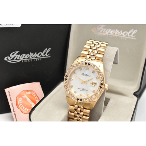 92 - A BOXED QUARTZ INGERSOLL GOLD PLATED WRISTWATCH, reference IN34148G, mother of pearl dial, date wind... 