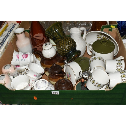 551 - FOUR BOXES OF CERAMICS AND SUNDRIES, to include a Swinnertons 'Paisley Green' pattern tea set, a Wes... 