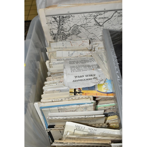 554 - TWO BOXES OF VINTAGE MAPS AND EPHEMERA, to include a collection of Ordnance Survey 'Outdoor Leisure'... 