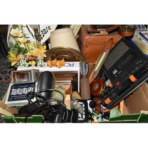 556 - TWO BOXES AND LOOSE MISCELLANEOUS SUNDRIES, to include a vintage style radio alarm clock, an ITT tap... 