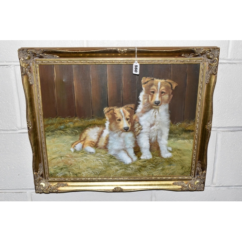 560 - A OIL ON CANVAS PORTRAIT OF TWO DOGS, SIGNED HARRIS BOTTOM RIGHT, approximate size 39cm x 49cm, toge... 