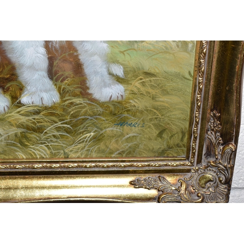 560 - A OIL ON CANVAS PORTRAIT OF TWO DOGS, SIGNED HARRIS BOTTOM RIGHT, approximate size 39cm x 49cm, toge... 