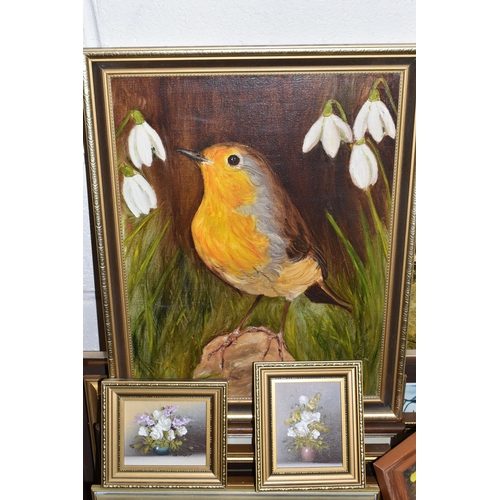 561 - A QUANTITY OF PICTURES AND PRINTS ETC, to include two modern oil on board miniature still life flowe... 