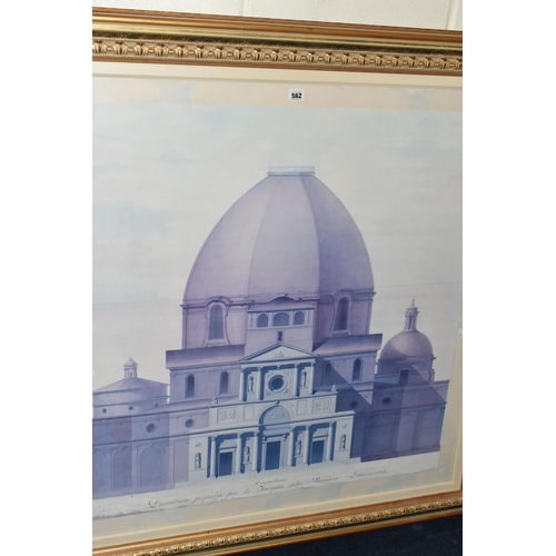 562 - A LARGE DECORATIVE PRINT DEPICTING THE BASILICA OF St LAWRENCE IN ITALY, print size 92cm x 92cm, app... 