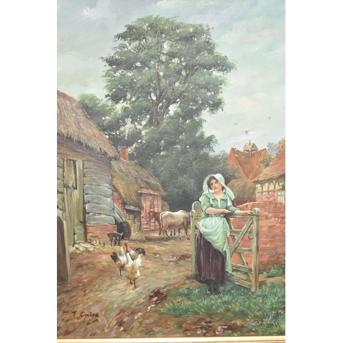 563 - A SMALL QUANTITY PICTURES AND PRINTS, to include a T. Caine modern genre scene of a female farm work... 