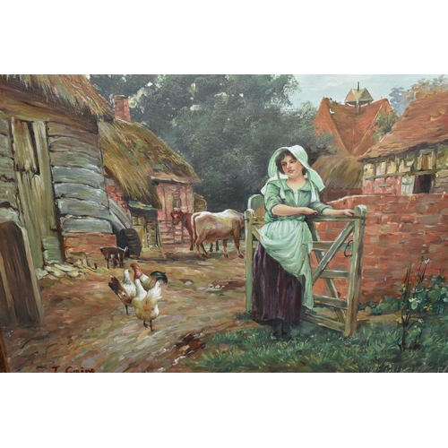 563 - A SMALL QUANTITY PICTURES AND PRINTS, to include a T. Caine modern genre scene of a female farm work... 