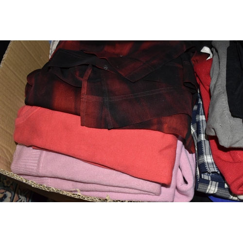 569 - FIVE BOXES OF LADIES' CLOTHING, to include knitwear, tops, skirts, and as new sleepwear, many items ... 