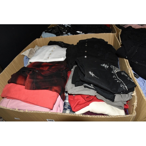 569 - FIVE BOXES OF LADIES' CLOTHING, to include knitwear, tops, skirts, and as new sleepwear, many items ... 