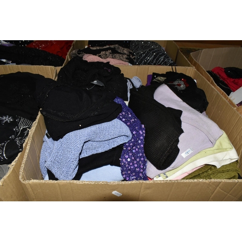 569 - FIVE BOXES OF LADIES' CLOTHING, to include knitwear, tops, skirts, and as new sleepwear, many items ... 