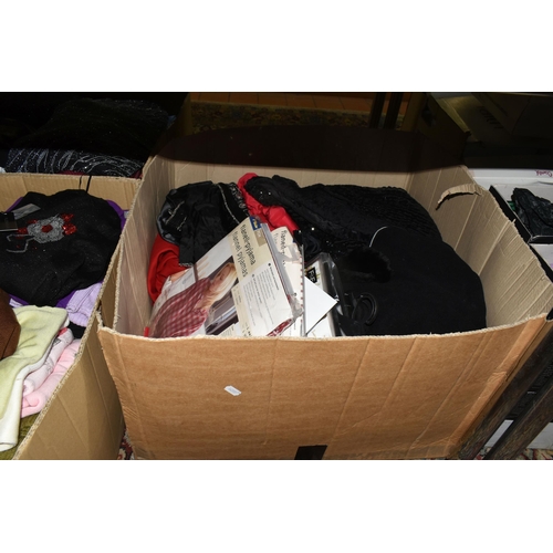 569 - FIVE BOXES OF LADIES' CLOTHING, to include knitwear, tops, skirts, and as new sleepwear, many items ... 