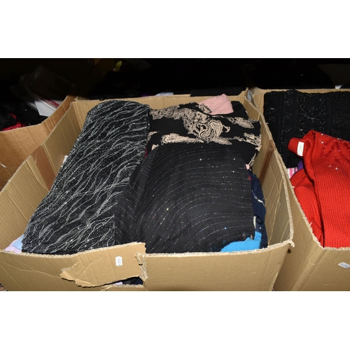 569 - FIVE BOXES OF LADIES' CLOTHING, to include knitwear, tops, skirts, and as new sleepwear, many items ... 