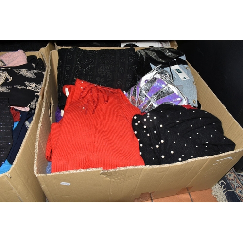 569 - FIVE BOXES OF LADIES' CLOTHING, to include knitwear, tops, skirts, and as new sleepwear, many items ... 