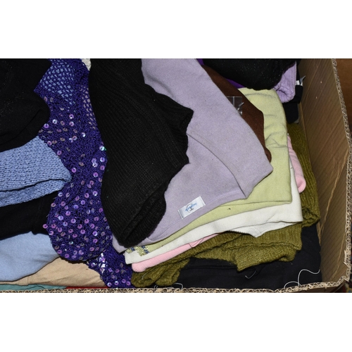 569 - FIVE BOXES OF LADIES' CLOTHING, to include knitwear, tops, skirts, and as new sleepwear, many items ... 