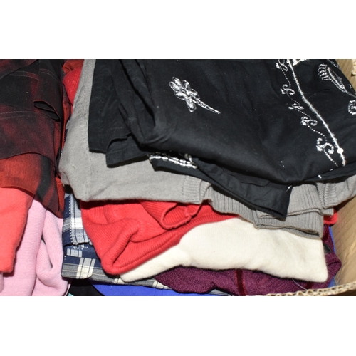 569 - FIVE BOXES OF LADIES' CLOTHING, to include knitwear, tops, skirts, and as new sleepwear, many items ... 