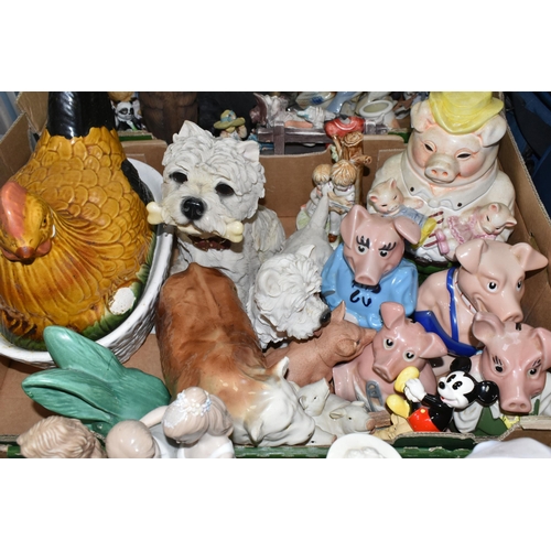 570 - THREE BOXES OF CERAMIC FIGURES, ETC, to include four Wade Nat West piggy banks, a Sylvac rabbit no 1... 