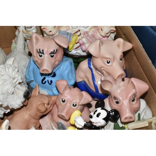 570 - THREE BOXES OF CERAMIC FIGURES, ETC, to include four Wade Nat West piggy banks, a Sylvac rabbit no 1... 