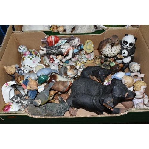 570 - THREE BOXES OF CERAMIC FIGURES, ETC, to include four Wade Nat West piggy banks, a Sylvac rabbit no 1... 