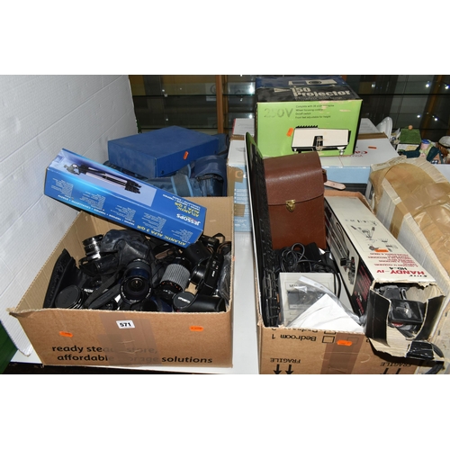 571 - TWO BOXES AND LOOSE PHOTOGRAPHIC AND ELECTRONIC EQUIPMENT, to include a Pentax ME Super 35mm camera ... 