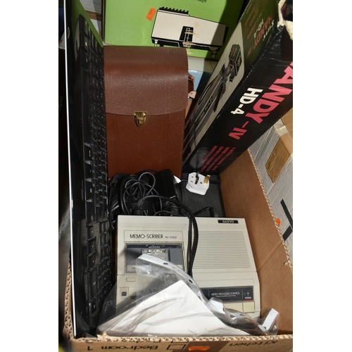 571 - TWO BOXES AND LOOSE PHOTOGRAPHIC AND ELECTRONIC EQUIPMENT, to include a Pentax ME Super 35mm camera ... 