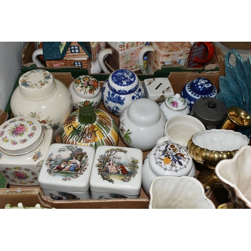 572 - THREE BOXES OF CERAMICS, to include Hornsea Fauna vases, a collection of ginger jars including Royal... 